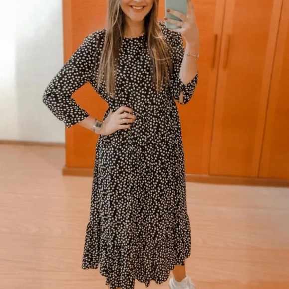 Zara Black Polka Dot Tiered Midi Dress Bloggers Fav  Sz S - Picture 1 of 10